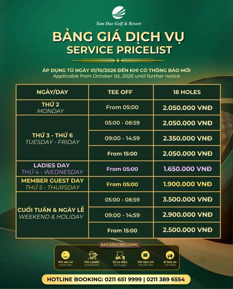 THÔNG BÁO GIÁ DỊCH VỤ GOLF TẠI TAM DAO GOLF & RESORT ÁP DỤNG TỪ 01/10/2026 