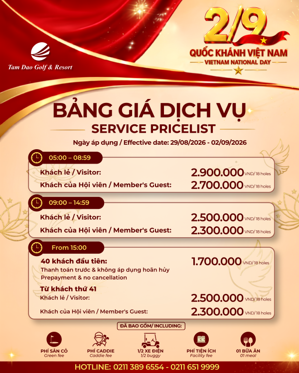 Mừng Đại Lễ Quốc Khánh - Tam Dao Golf & Resort Trân Trọng Thông Báo Bảng Giá Dịch Vụ Dịp Lễ 2/9