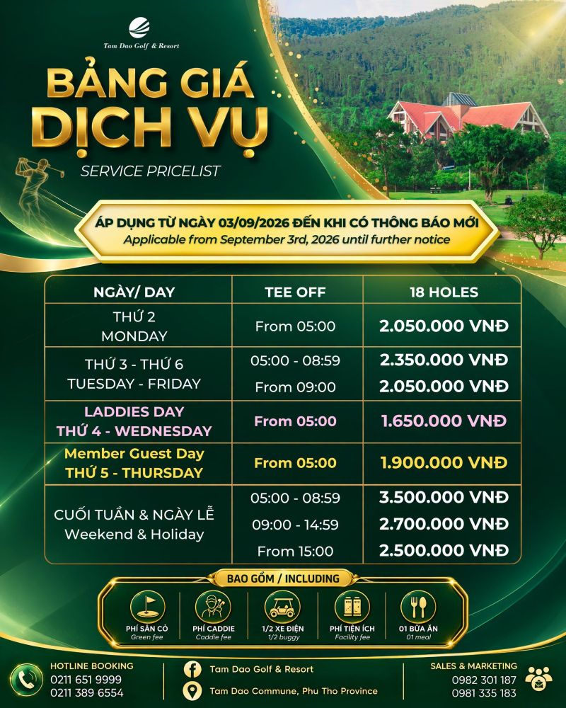 THÔNG BÁO GIÁ DỊCH VỤ GOLF TẠI TAM DAO GOLF & RESORT ÁP DỤNG TỪ 03/09/2026 